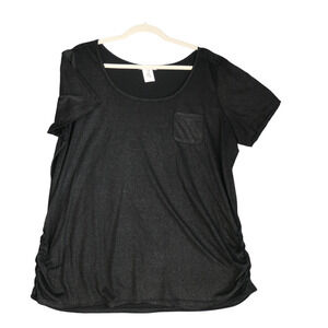 Maurices Knit Top Women 2X Sparkly Black Metallic One Pocket Ruched Short Sleeve
